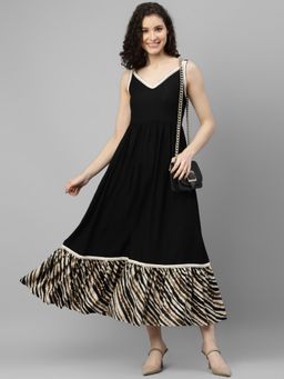 Deebaco - Women Black Rayon Stripes Dress
