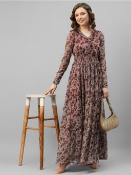 Deebaco - Women Maroon Chiffon Floral Dress