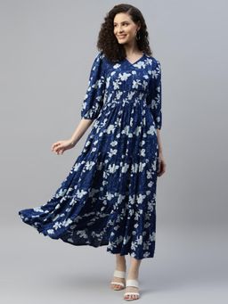 Deebaco - Women Navy Blue Rayon Floral Dress