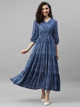 Deebaco - Women Blue Rayon Stripes Dress