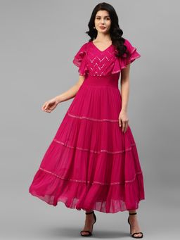Deebaco - Women Magenta Georgette Embroidered Dress