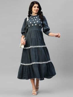 Deebaco - Women Grey Rayon Embroidered Dress