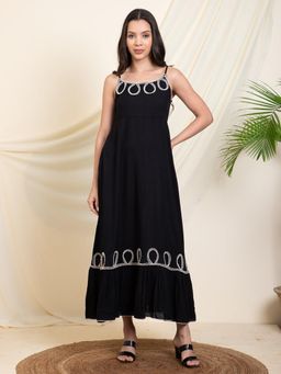 Deebaco - Women Black Rayon Embroidered Dress