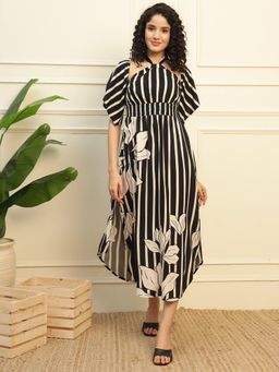 Deebaco - Women Black Rayon Stripes Dress