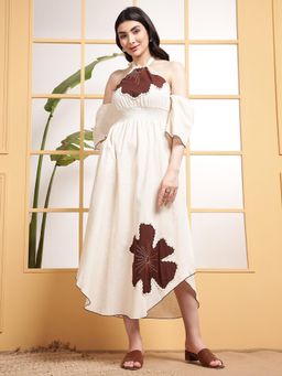 Deebaco - Women Off White Cotton Embroidered Dress