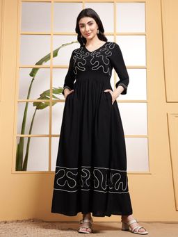 Deebaco - Women Black Rayon Embroidered Dress