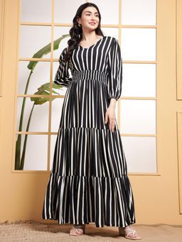 Deebaco - Women Black Rayon Stripes Dress
