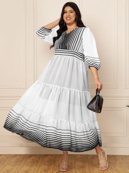 Deebaco - Women White Georgette Stripes Dress