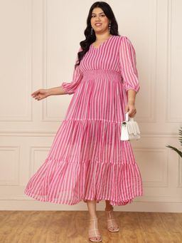 Deebaco - Women Pink Chiffon Stripes Dress