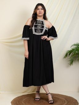Deebaco - Women Black Rayon Embroidered Dress