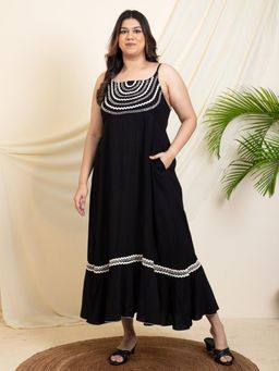 Deebaco - Women Black Rayon Embroidered Dress