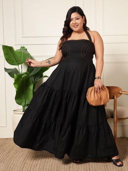 Deebaco - Women Black Cotton Embroidered Dress