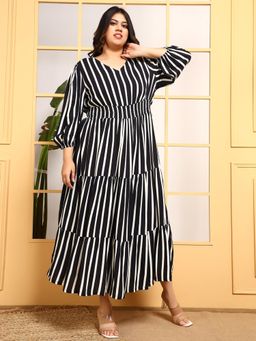 Deebaco - Women Black Rayon Stripes Dress