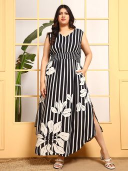 Deebaco - Women Black Rayon Stripes Dress