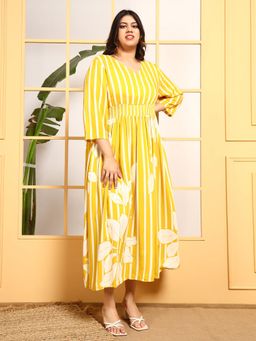 Deebaco - Women Yellow Rayon Stripes Dress