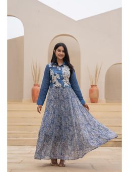 Juniper - Indigo Blue Shirt Style Off White Embroidery and Tiered Floral Maxi Dress
