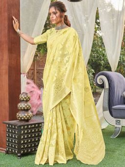 Odette - Yellow Heavy Woven Designer Linen Saree with Unstitched Blouse
