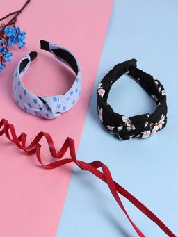 JEWELZ - Pack Of 2 Cross Knot Floral & Polka Dot Headbands for Women (Black and Blue)