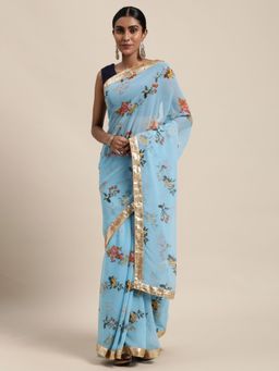 Vastranand - Blue & Mustard Floral Sequinned Saree with Unstitched Blouse