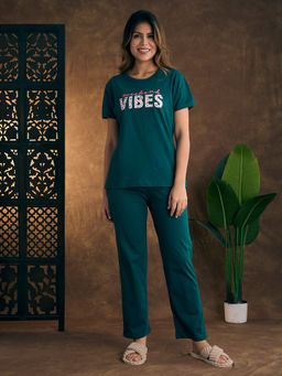 Bedtime Story - Green Printed Pure Cotton Relaxed T-Shirt and Pyjama
