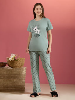 Bedtime Story - Green Printed Pure Cotton Relaxed T-Shirt and Pyjama