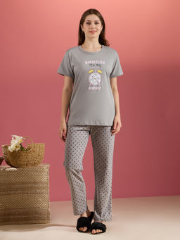 Bedtime Story - Grey Printed Pure Cotton Relaxed T-Shirt and Pyjama