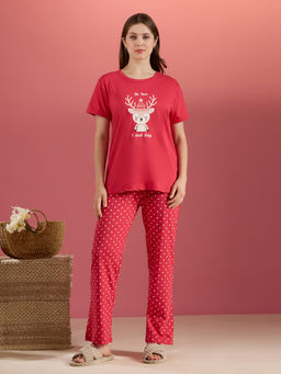 Bedtime Story - Red Printed Pure Cotton Relaxed T-Shirt and Pyjama