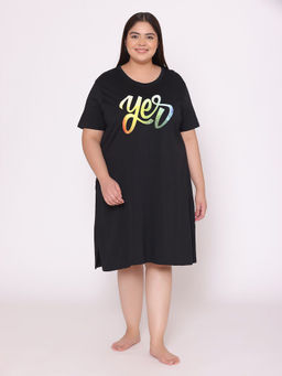 TITTLI - Black Typography Pure Cotton Relaxed Nightdress