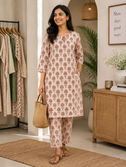 JHAPKI - Off White Printed Polycotton Relaxed Kurta and Pant