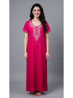 evolove - Pink Embroidered Viscose Regular Nightdress