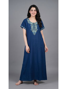 evolove - Blue Embroidered Viscose Regular Nightdress