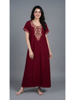 evolove - Maroon Embroidered Viscose Regular Nightdress