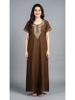 evolove - Brown Embroidered Viscose Regular Nightdress