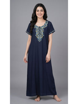 evolove - Navy Blue Embroidered Viscose Regular Nightdress