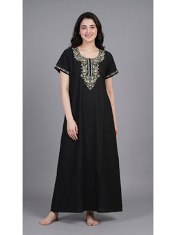 evolove - Black Embroidered Viscose Regular Nightdress