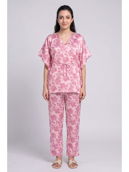 Zivame - Pink Floral Satin Regular Kaftan Top and Pant