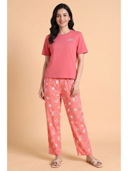 Zivame - Pink Printed Cotton Relaxed T-shirt and Pyjama