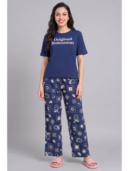Zivame - Navy Blue Printed Cotton Relaxed T-shirt and Pyjama