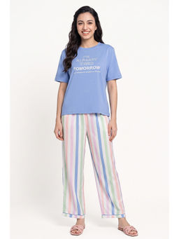 Zivame - Blue Typography Cotton Relaxed T-Shirt and Pyjama