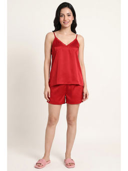 Zivame - Red Solid Satin Regular Cami Top and Shorts