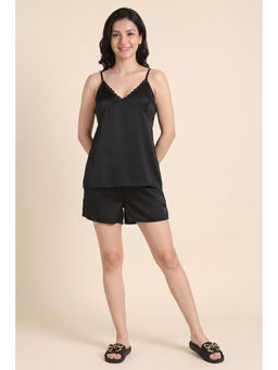 Zivame - Black Solid Satin Regular Cami Top and Shorts