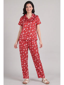 Zivame - Red Printed Satin Regular Shirt and Pyjama