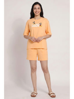 Zivame - Orange Typography Cotton Relaxed T-Shirt and Shorts