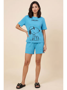 Zivame - Blue Printed Cotton Relaxed T-Shirt and Shorts