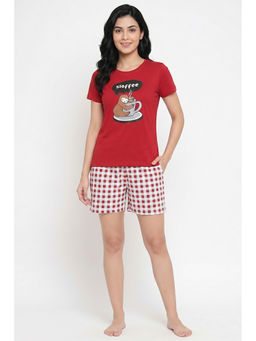 Zivame - Red Printed Cotton Regular T-shirt and Shorts