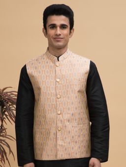 NEUDIS - Men Peach Jacquard Ethnic Motif Silk Blend Nehru Jacket
