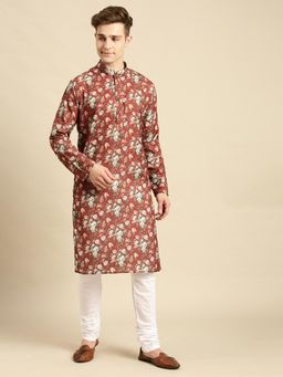 Sanwara - Men Cotton Floral Printed Fire Red Color Kurta with Churidar (Set of 2)