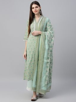 Libas - Green Floral Printed Straight Cotton Kurta with Palazzo & Floral Dupatta (Set of 3)