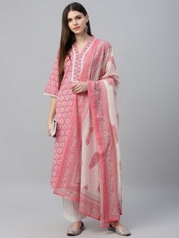 Libas - Peach Floral Printed Straight Cotton Kurta with Palazzo & Floral Dupatta (Set of 3)