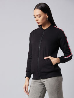 DOLCE CRUDO - Women's Black V-neck Full Sleeve Solid Bomber Regular Jacket